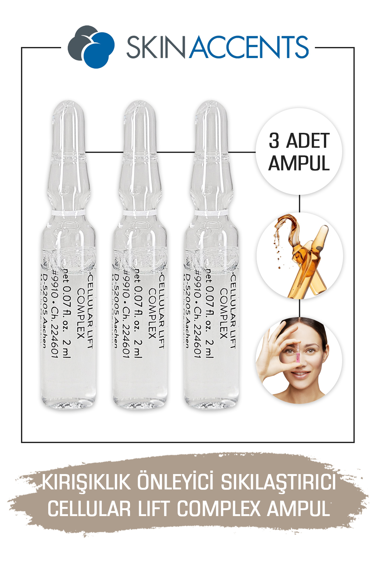 Skin Accents Kırışıklık Giderici Sıkılaştırıcı Ampul Cellullar Lift Cilt Serumu 3 Adet Dermaroller Dermapen Serum
