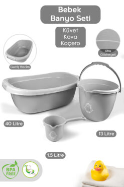 Meleni Baby 3’lü Bebek Banyo Seti - Bebek Yıkama Küveti - Su Kovası - Maşrapa - Gri