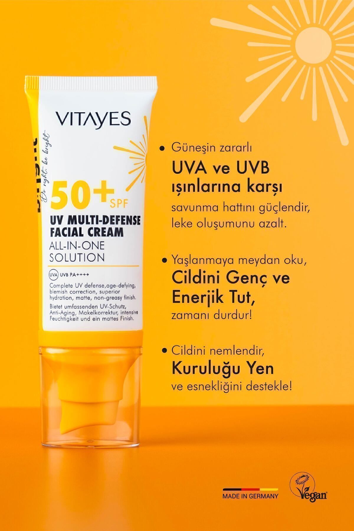 VITAYES Yüz Güneş Kremi Spf50 Çok Fonksiyonlu Yüksek Uv Koruma Yaşlanma Karşıtı Nemlendirme Cilt Bakımı 50ml - Görsel 3
