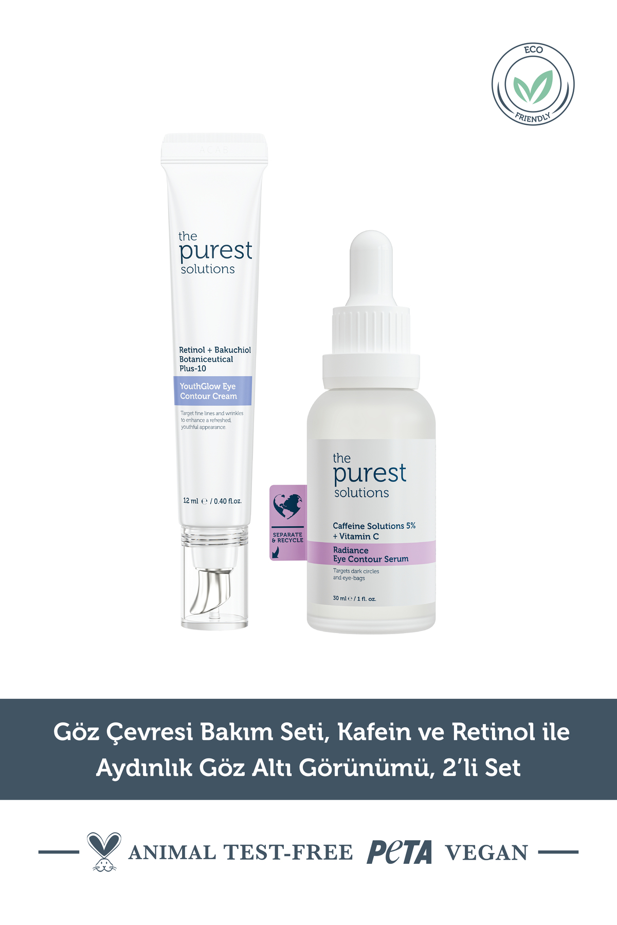 The Purest Solutions Göz Çevresi Bakım Seti, Kafein ve Retinol ile Aydınlık Göz Altı Görünümü, 2’li Set