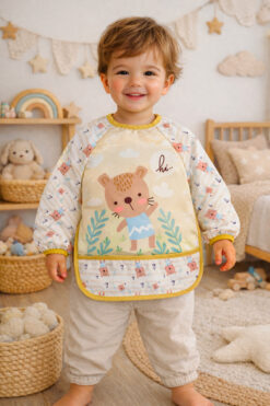 Apronica Sevimli Ayı Desenli Sıvı Geçirmez Uzun Kollu Mama Ve Aktivite Önlüğü Su Geçirmez Bebek Önlük 6-24 Ay