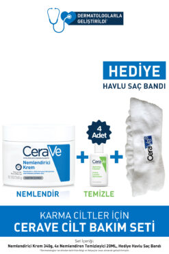 CeraVe Karma Ciltler Cilt Bakım Seti:nemlendirici Krem 340gr&nemlendiren Temizleyici 4x20 Ml&saç Bandı