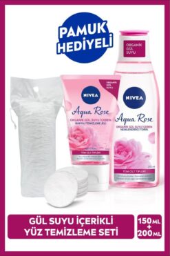 NIVEA Aqua Rose Organik Gül Suyu Makyaj Temizleme Jeli 150ml Ve Nemlendirici Tonik 200ml, Pamuk Hediyeli