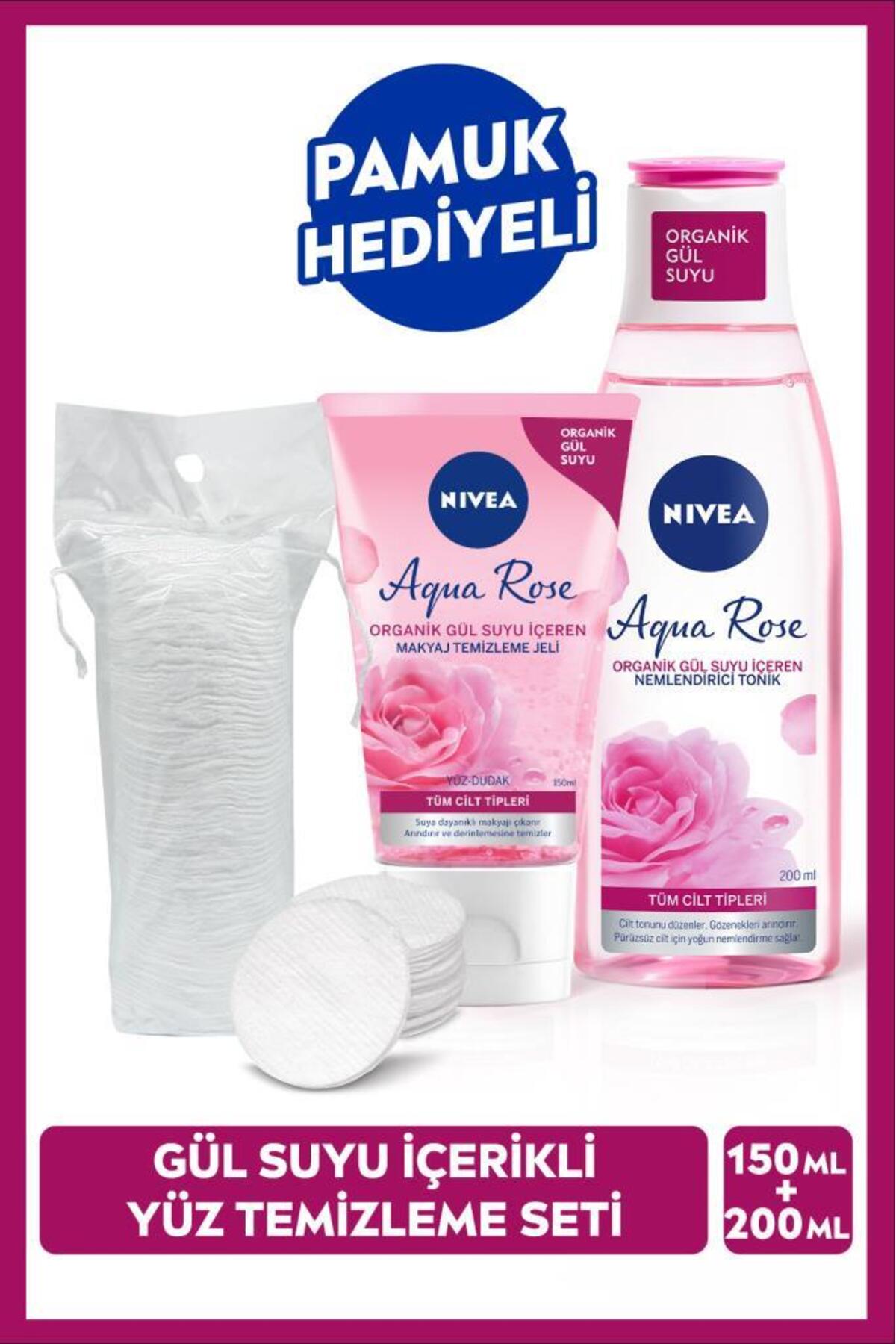 NIVEA Aqua Rose Organik Gül Suyu Makyaj Temizleme Jeli 150ml Ve Nemlendirici Tonik 200ml, Pamuk Hediyeli