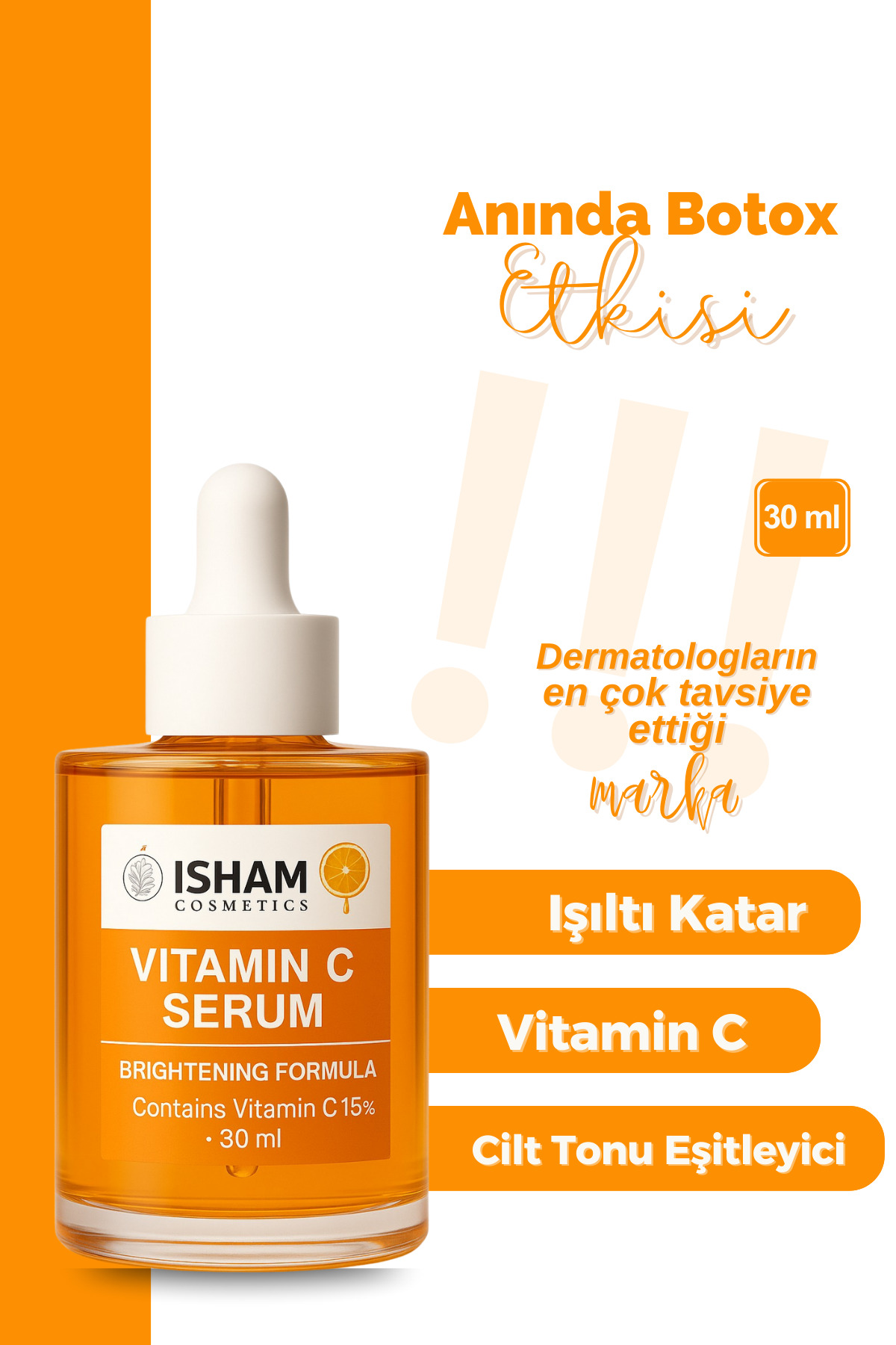 isham cosmetics Leke Karşıtı Aydınlatıcı Vitamin C Serum Ascorbic Asit, Ferulic Asit, Vitamin B5, Niacinamide 30 ml - Görsel 2