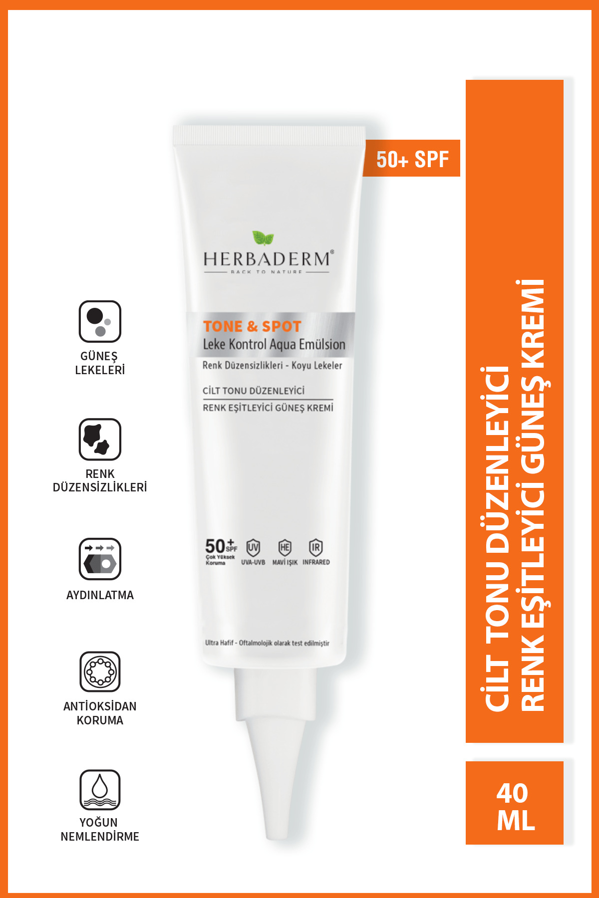 Herbaderm Tone&spot, Lekeli Ciltler Için Nemlendirici Güneş Kremi, Mavi Işık, Uva,uvb 50 Spf Renksiz