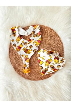 Lumos Trade Winnie the Pooh Desenli %100 Pamuk Kumaş Bebek Emzik Tutucu Mama Önlüğü ve Fular 2 li Set