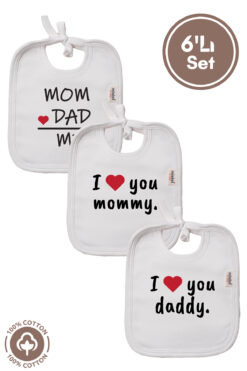 Miniel Unisex Bebek Yeni doğan Penye Organik Pamuklu Family Baskılı Bebek Önlüğü 3'Lü Set