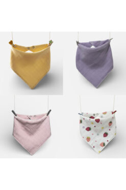 Zenkova %100 Organik Pamuk Çift Katlı iki Çıtçıtlı Müslin Bebek Fular & Salya Önlük 4 Adet