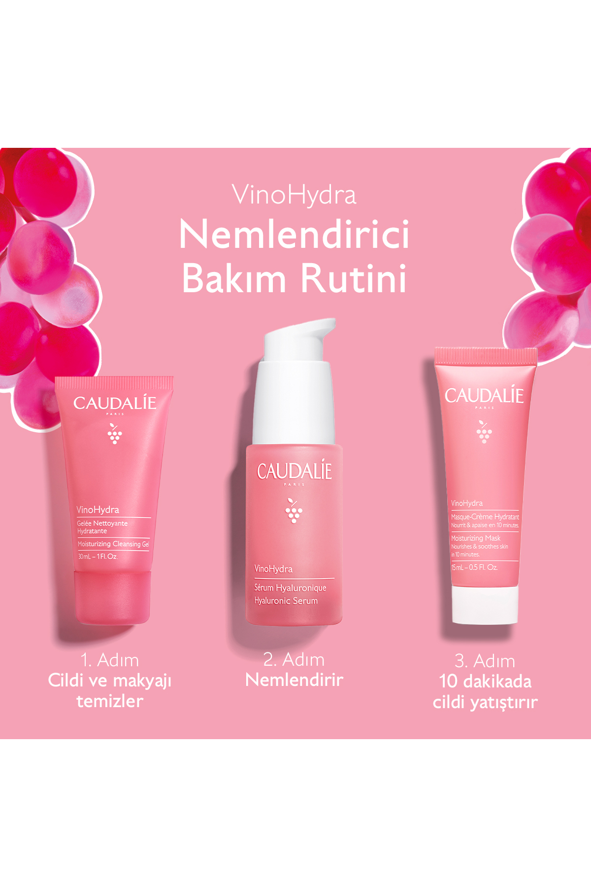 Caudalie VinoHydra Nemlendirici Set - Hiyalüronik Serum 30 ml + Temizleme Jeli 30 ml + Nem Maskesi 15 ml - Görsel 2