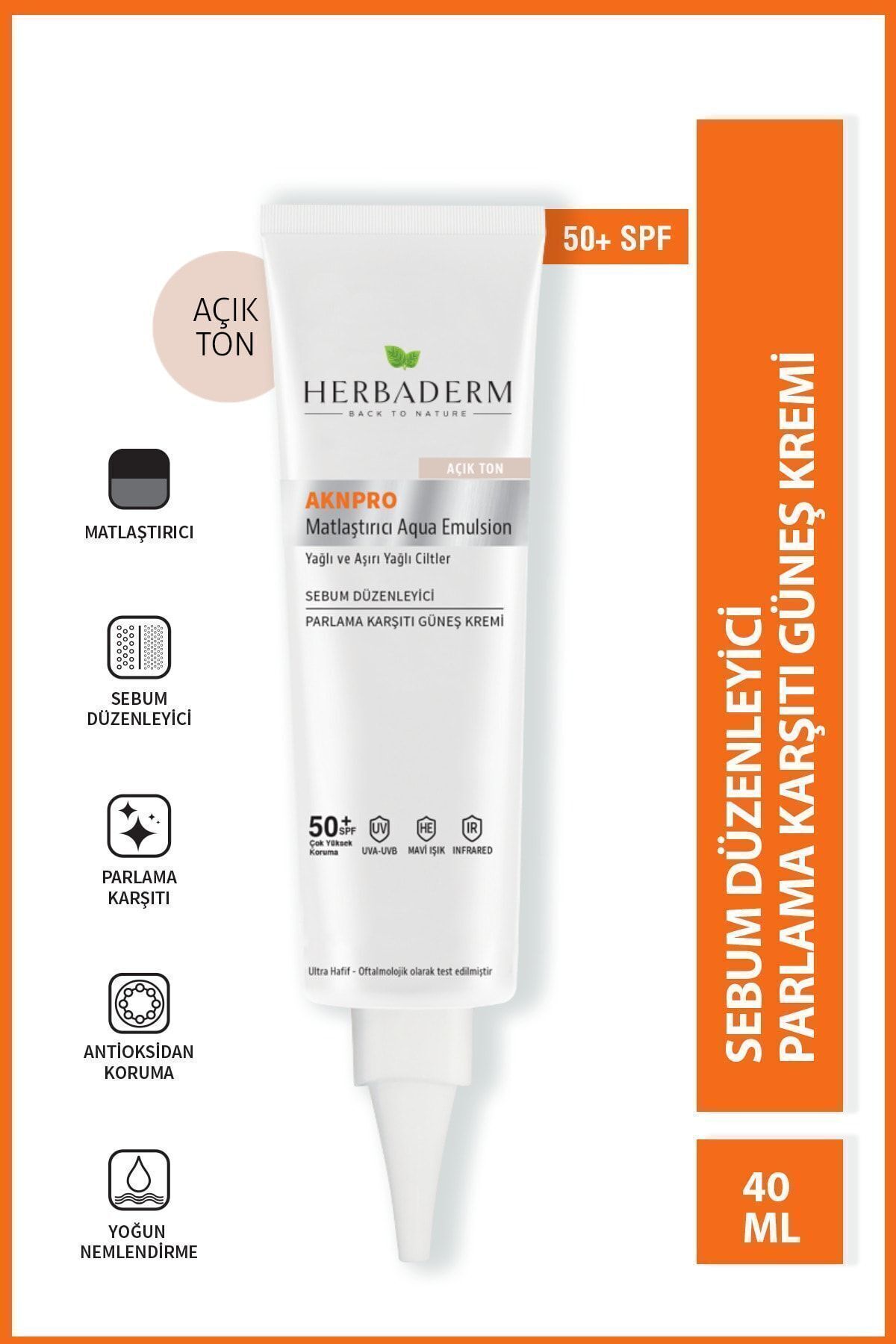 Herbaderm Akne Ve Yağlanma Karşıtı, Matlaştırıcı Güneş Koruyucu Krem Spf 50 Renkli Açık Ton 40 ml
