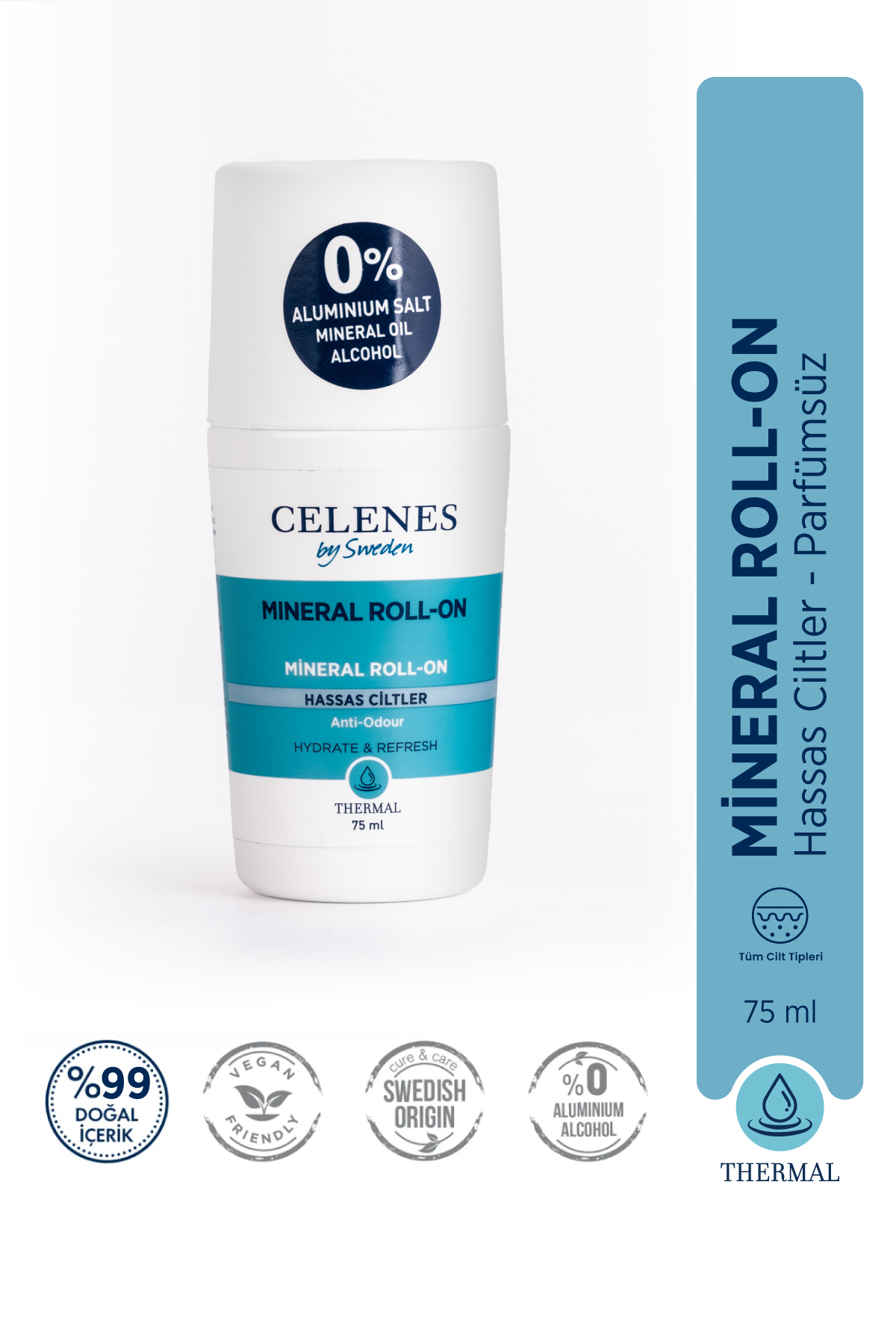 Celenes by Sweden Alüminyum - Parfüm Içermeyen Hassas Ciltler Için Thermal Roll On Ve Deodorant Parf