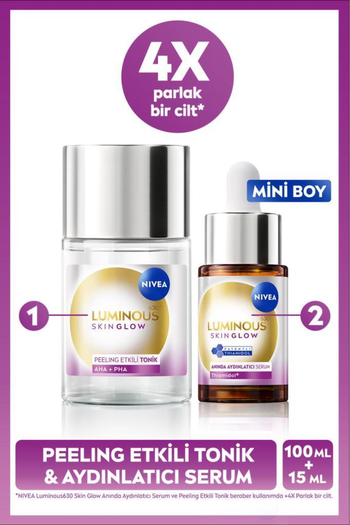 NIVEA Luminous630 Skin Glow Anında Aydınlatıcı Serum 15ml ve Peeling Etkili Tonik 100ml, Eşit Cilt Tonu