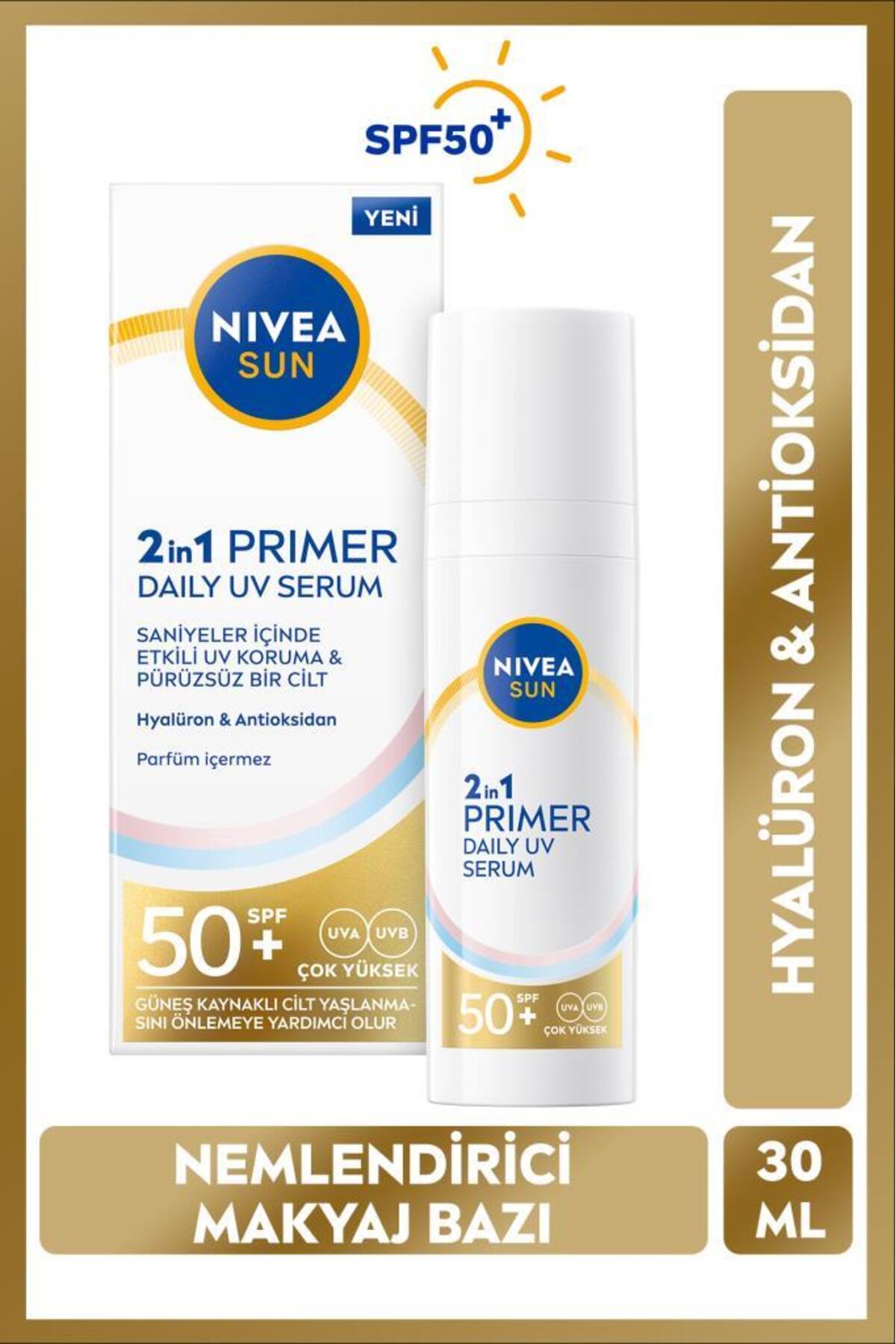NIVEA SUN SPF50 Primer Güneş Koruyucu Nemlendirici Makyaj Bazı 30ml, Hyaluron, Antioksidan