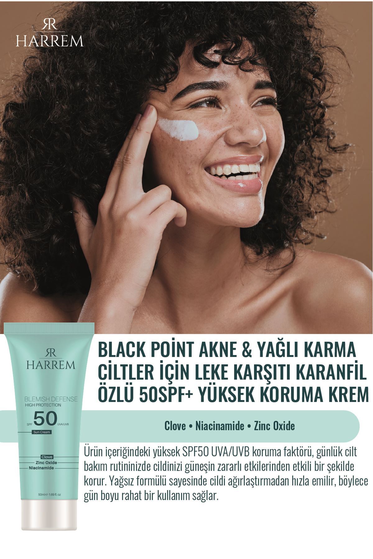 Harrem Akneli&yağlı Ciltler Leke Karşıtı Yüksek Koruyucu Yağsız Spf50 Uva/uvb Güneş Kremi 50 ml Black P.in - Görsel 3