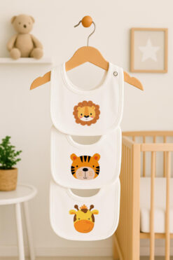 Bebe wini %100 Pamuk Penye Çift Katlı 3'lü hayvan kafa Desenli Mama Önlüğü