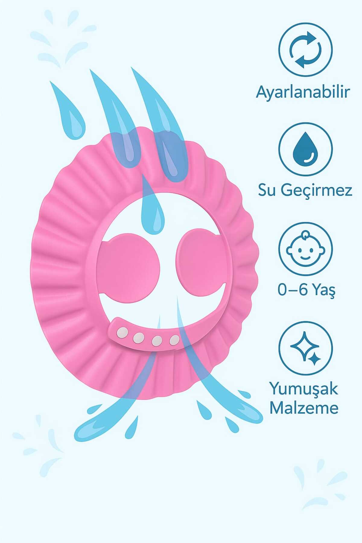 Betülce Bebek Banyo Şapkası – Ayarlanabilir, Su Geçirmez, Göz Koruyucu- pembe - Görsel 2