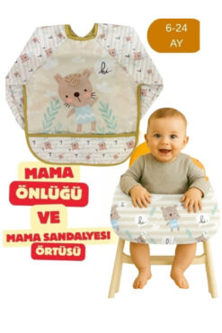 Apronica 2'Lİ Set Ayı Desen Aktivite Mama Önlüğü ve Mama Sandalyesi Örtüsü