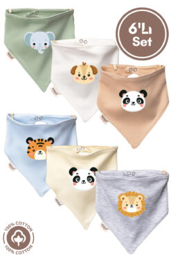Miniel Erkek Bebek Yenidoğan Penye Organik Pamuklu Cute Animals Baskılı Bebek Önlüğü 6'lı Set
