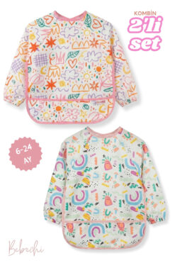 Bebechi 2'Li Uzun Kollu Giyilebilir Desen Sıvı Geçirmez Aktivite ve Mama Önlüğü 6-24 AY