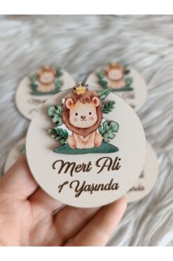 doğrukan 10 Adet Çimenli Aslan Figürlü Ahşap Bebek Yenidoğan Doğum Günü Magnet