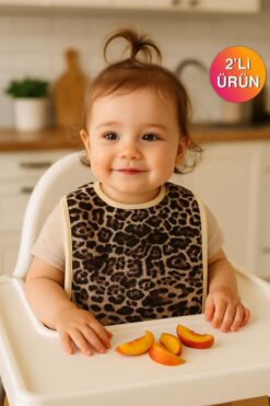 Ender Home Wild Spirit 2'li Leopar Desenli Bebek Mama Önlüğü – Sıvı Geçirmez %100 Pamuk 25x40 Cm