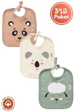 Miniel Unisex Bebek Yenidoğan Penye Organik Pamuklu Hayvan Figürlü 0-3 Ay Bebek Önlüğü 3'Lü Set