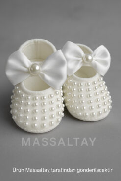 Massaltay Beyaz İnci Detaylı Fiyonklu Bebek Patik ,Bebek Doğum Hediyesi