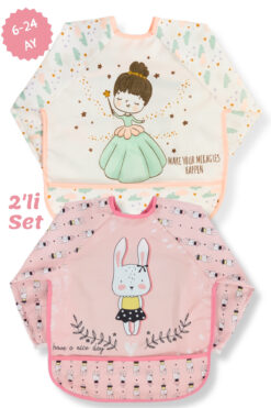 Apronica 2'Li Uzun Kollu Giyilebilir Prenses-Tavşan Desen Sıvı Geçirmez Aktivite ve Mama Önlüğü 6-24 AY