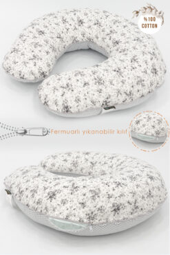 mordesign Çift Taraflı Emzirme Yastığı /bebek Destek Minderi, Hamile Yastığı, Pamuk Kumaş, Çıtır Seri, Gri