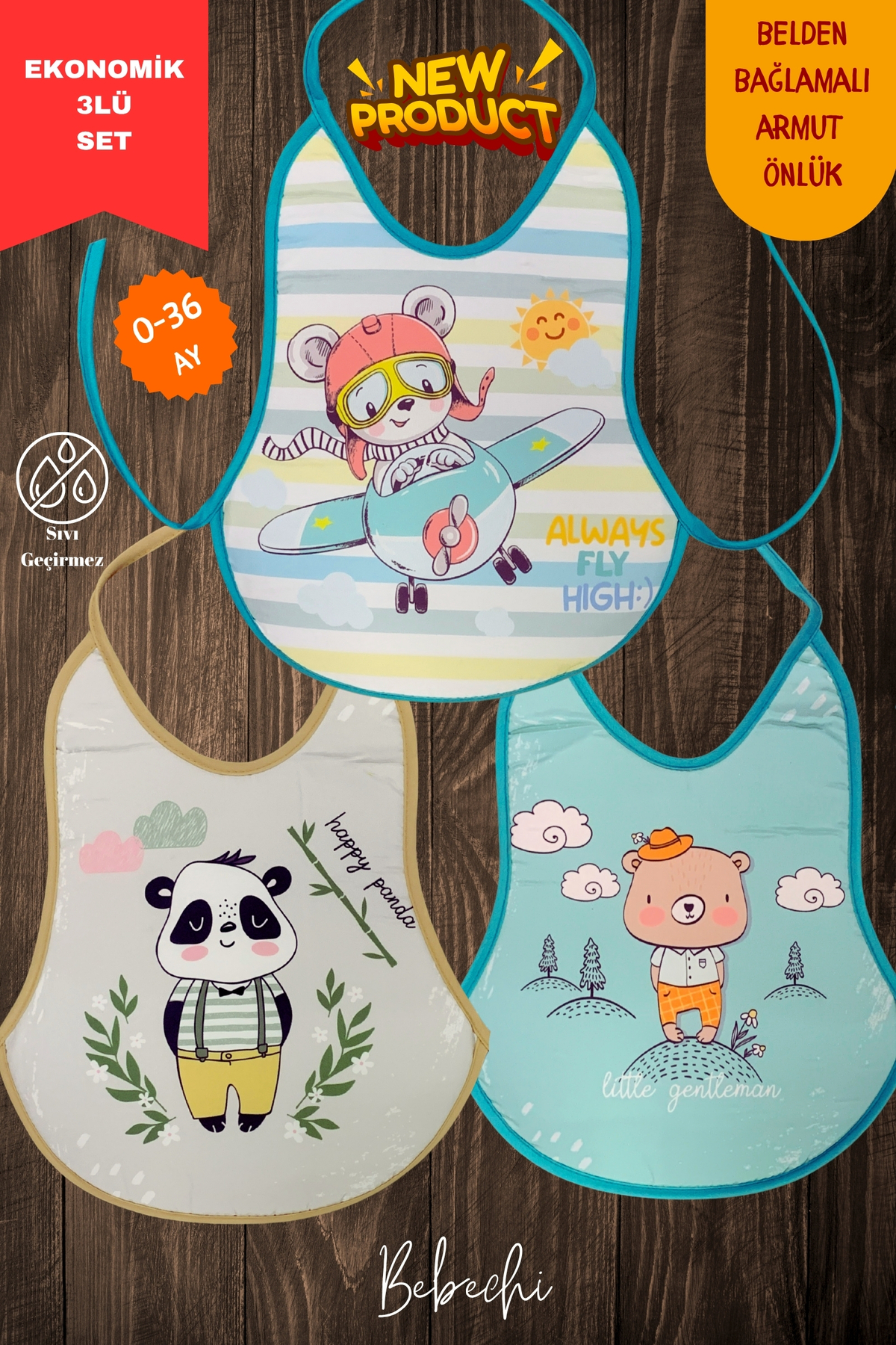 Bebechi 3'Lü Set Baskılı Ekonomik Boy Mix Sıvı Geçirmez Armut Önlük Mama ve Aktivite Önlüğü(0-36 Ay)