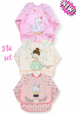 Apronica 3'LÜ SET PRENSES-TAVŞAN-KUĞU DESEN GİYİLEBİLİR SIVI GEÇİRMEZ MAMA VE AKTİVİTE ÖNLÜĞÜ(6-24 AY)
