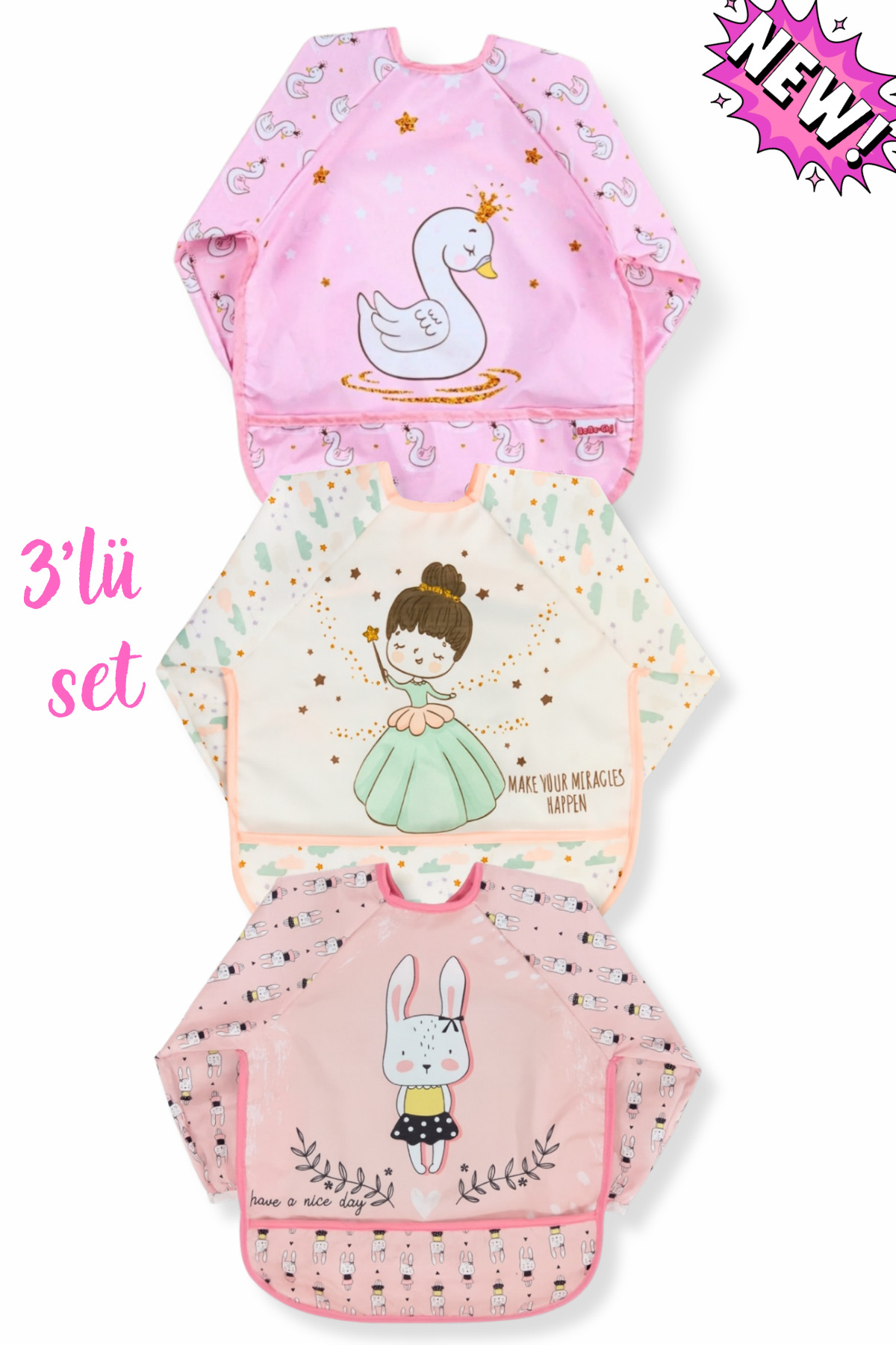 Apronica 3'LÜ SET PRENSES-TAVŞAN-KUĞU DESEN GİYİLEBİLİR SIVI GEÇİRMEZ MAMA VE AKTİVİTE ÖNLÜĞÜ(6-24 AY)