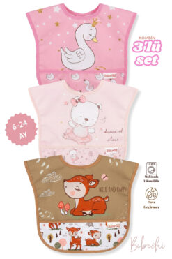 Bebechi 3 Lü Kombin(KUĞU-PEMBE AYI-CEYLAN) Set (SIVI GEÇİRMEZ) Aktivite ve Cepli Mama Önlüğü 6-24 Ay