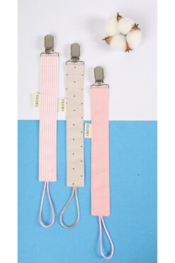 GLORY BABY Emzik Askısı 3'lü Set - Emzik Zinciri - Emzik Tutacağı - %100 Pamuk - Pembe Çizgili, Kahve Nokta