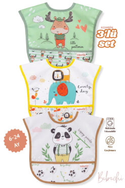 Bebechi 3 Lü Kombin(GEYİK-ASLAN-PANDA) Set (SIVI GEÇİRMEZ) Aktivite ve Cepli Mama Önlüğü 6-24 Ay