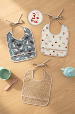 HAMUR Proof 3'lü Sıvı Su Geçirmez Bebek Mama Önlüğü Ağız Silme Mendili Bağlamalı 3 Prç BejGrup 6-24 Ay