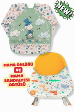 Apronica Şapkalı Tavşan Desen Kollu Giyilebilir Mama Önlüğü ve Safari Desen Mama Sandalyesi Örtüsü(6-24 AY)