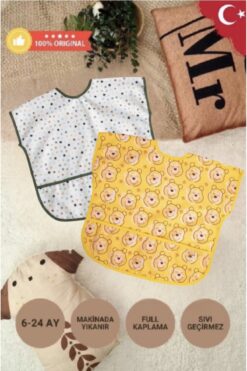 ANP MODA TASARIM Sıvı Geçirmez Bebek Önlüğü 2’li | Mama & Aktivite, Kolsuz, 0-36 Ay – Sarı Ayıcık & Renkli Yıldızlar