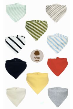 Lumos Trade Bebek %100 Pamuk Çift Katlı Renkli Çizgili ve Düz Fular Mama Önlüğü Salya Önlüğü Set 10 Adet