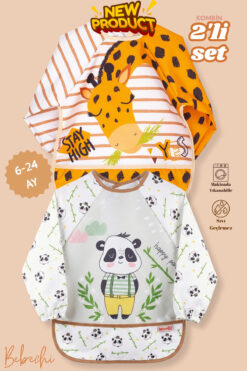 Bebechi 2'Li Uzun Kollu Giyilebilir Zürafa-Panda Desen Sıvı Geçirmez Aktivite ve Mama Önlüğü 6-24 AY
