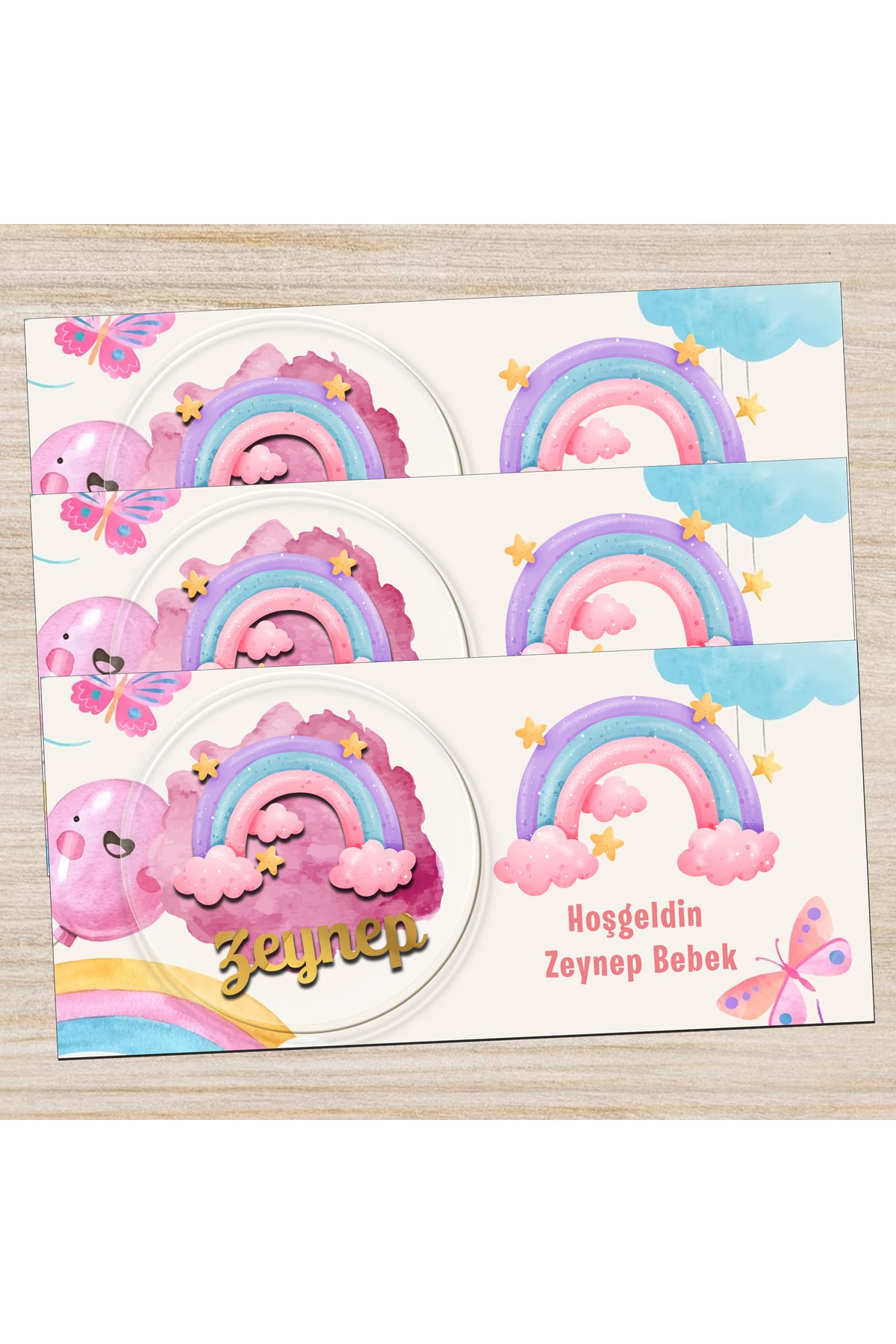 GRAFİLLİ DESİGN Şeffaf Pleksi Gökkuşağı Kabartma Figürlü Kartlı Bebek Doğum Günü Magnet 10 Adet