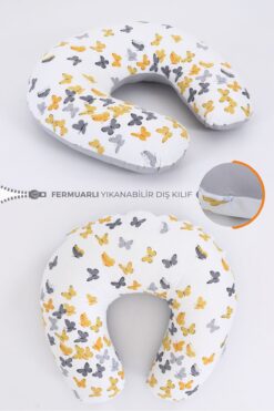 Umaybebek Emzirme Yastığı Minderi Pamuk Kumaş - Sarı Gri Kelebek