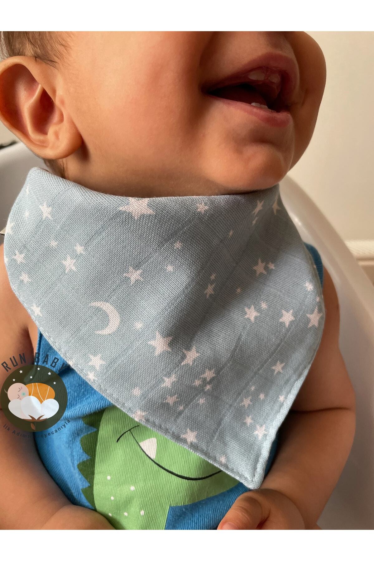 runbaby %100 Organik Pamuk Çift Katlı Müslin Kumaş Çıtçıtlı Bebek Salya Önlük & Fular (4 Adet) - Görsel 3