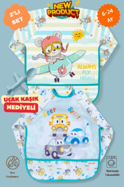 Bebechi 2'Li Uzun Kollu Giyilebilir Uçak-Araba Desen Sıvı Geçirmez Aktivite ve Mama Önlüğü 6-24 AY