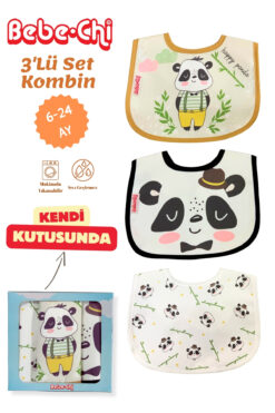 Bebechi Panda Desen 3'Lü Set Microfiber Mama Önlüğü Kendi Kutusunda Sıvı Geçirmez Çıtçıtlı 6-24 Ay