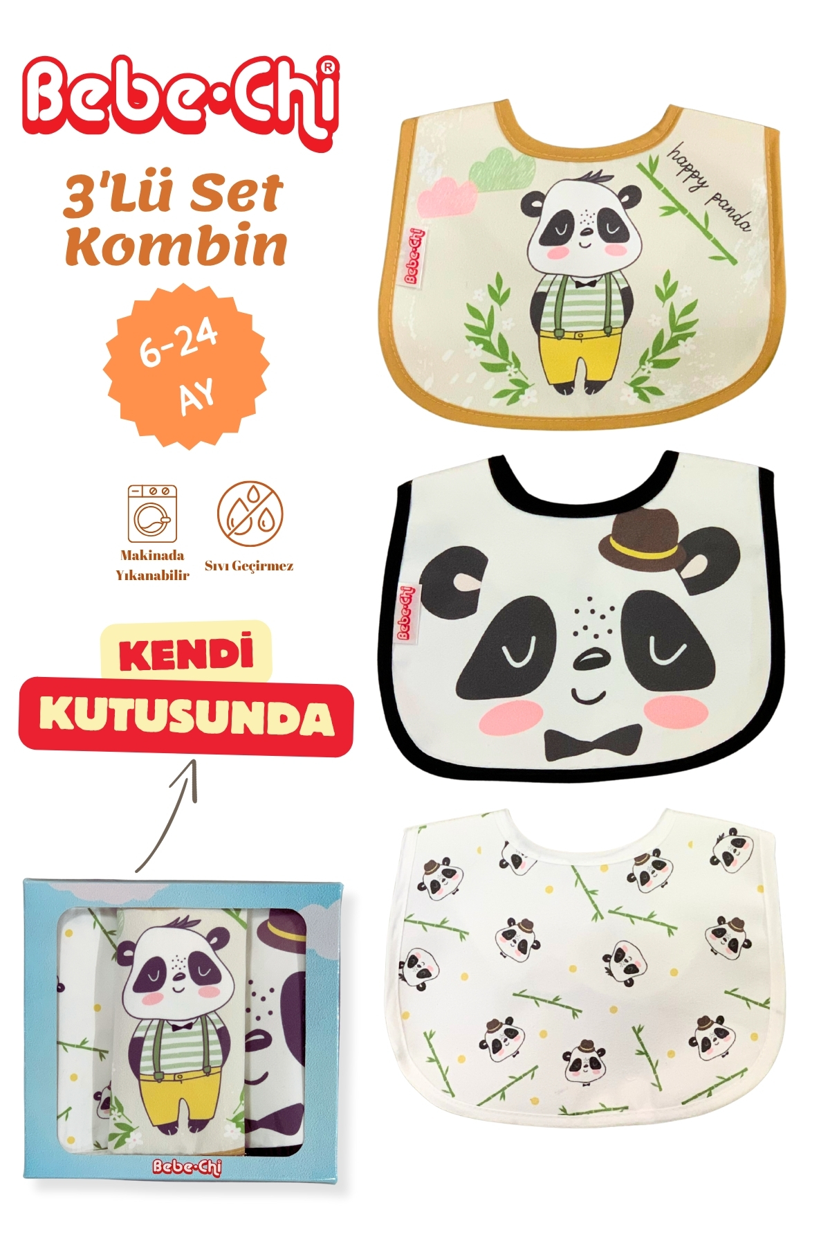Bebechi Panda Desen 3'Lü Set Microfiber Mama Önlüğü Kendi Kutusunda Sıvı Geçirmez Çıtçıtlı 6-24 Ay