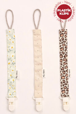 MyVera Yeşil Papatya - Vizon Puantiye - Leopar - Plastik Klipsli Emzik Askısı Seti 3'lü Emzik Zinciri Seti