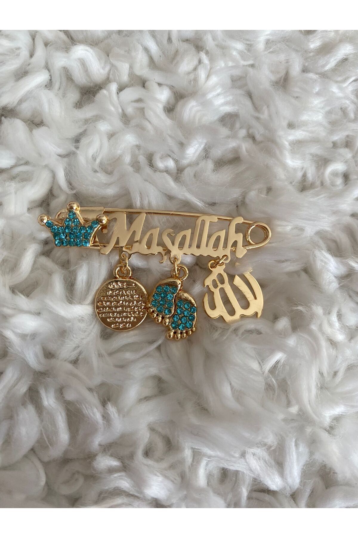 NeşeliAtölyem Maşallah Bebek Hediyelik Mavi Yazılı Yaka Iğnesi Nazarlık - Görsel 3