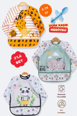 BibKing 3'Lü Uzun Kollu Giyilebilir Zürafa-Sevimli Ayı-Panda Desen Sıvı Geçirmez Aktivite ve Mama Önlüğü